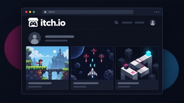 Portfolio itch.io présentant un jeu de plateforme, un jeu spatial et un puzzle.
