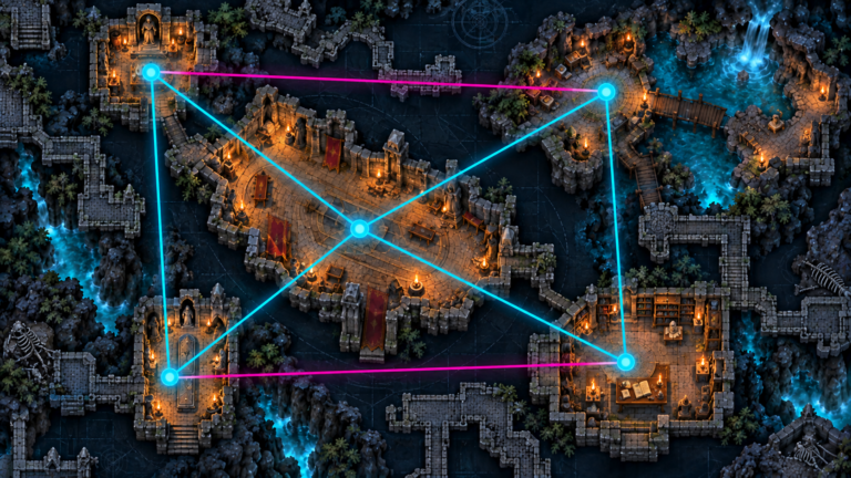 Vue du dessus de salles de donjon reliées par une triangulation entre leurs centres.
