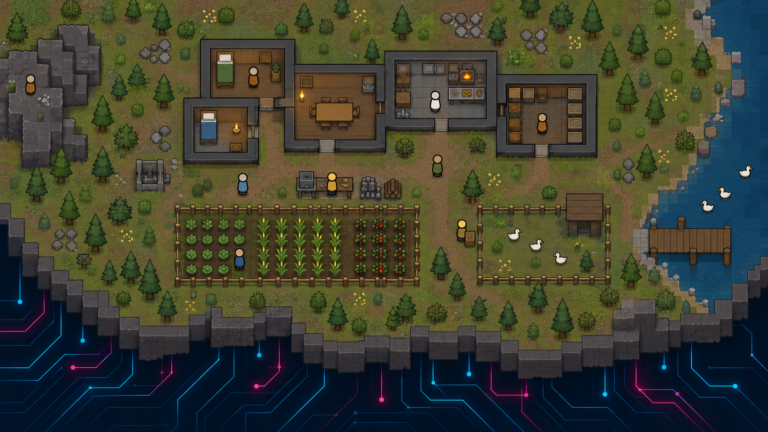 Colonie en 2D inspirée de RimWorld, au-dessus de circuits cyan et magenta symbolisant le moteur de simulation.