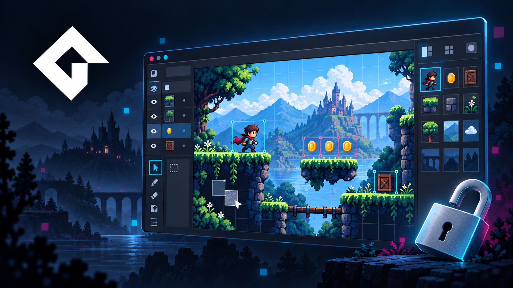 Icône GameMaker, éditeur de jeu en pixel art et cadenas ouvert, illustrant la gratuité commerciale de GMRT.